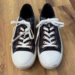 Skechers BOBS Black Canvas Sneakers with White Toe and Rose Gold Eyelets